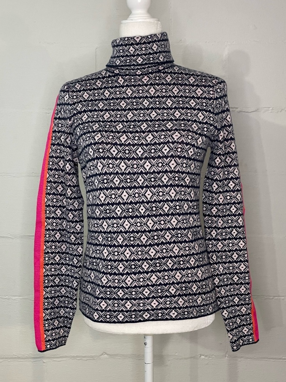 Anthropologie Fair Isle Turtleneck Sweater with Pink Sleeve Stripes